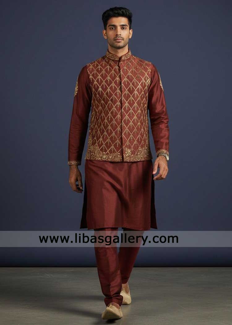 Deep maroon waistcoat with intricate antique gold hand work, Pakistani Designer waistcoat for men Nikah Ceremony with kurta trousers Deep maroon waistcoat with intricate antique gold hand work, Pakistani Designer waistcoat for men Nikah Ceremony with kurta trousers