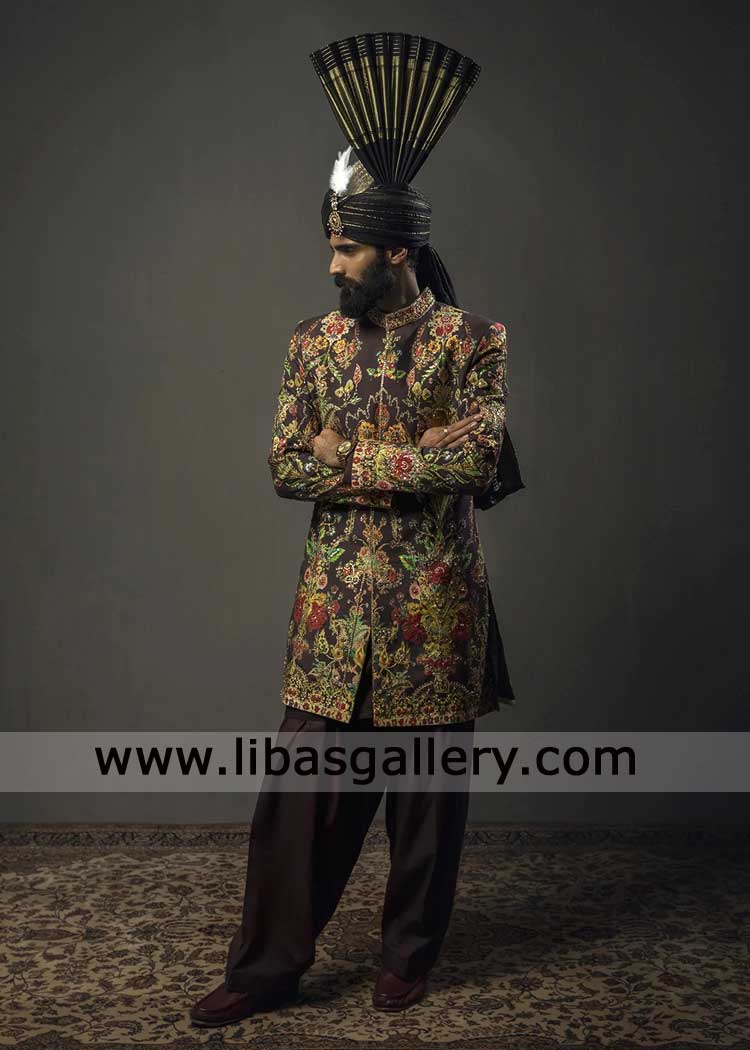 Groom brown Nikah sherwani Short with floral multi color refined Zardozi work paired Atchison Kulla and Shalwar Florida Illinois Scotland Dubai