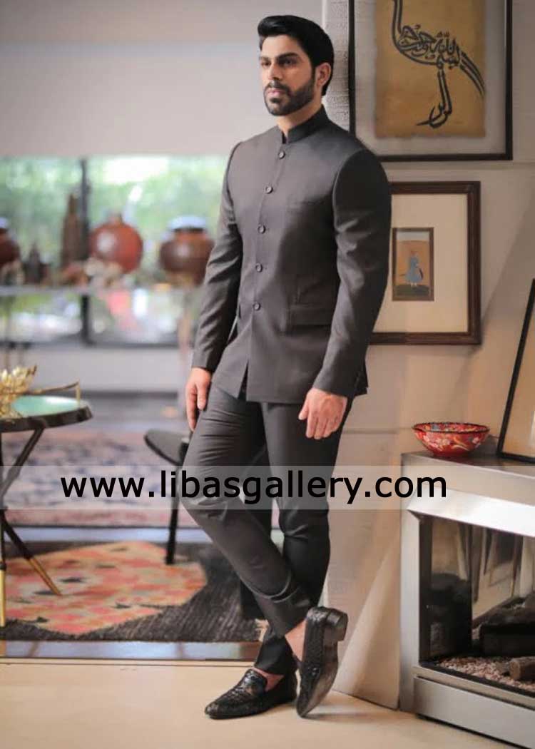 charcoal gray prince coat Ameer in suiting fabric for men with pants  buy online designer coat UK USA Canada Dubai