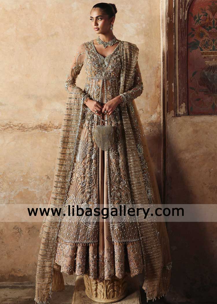 Bridal Front open Gown Coffee Shade with light Contrast Bridal lehenga and Hand Embellished Dupatta for Nikah Walima UK USA Canada Dubai Australia