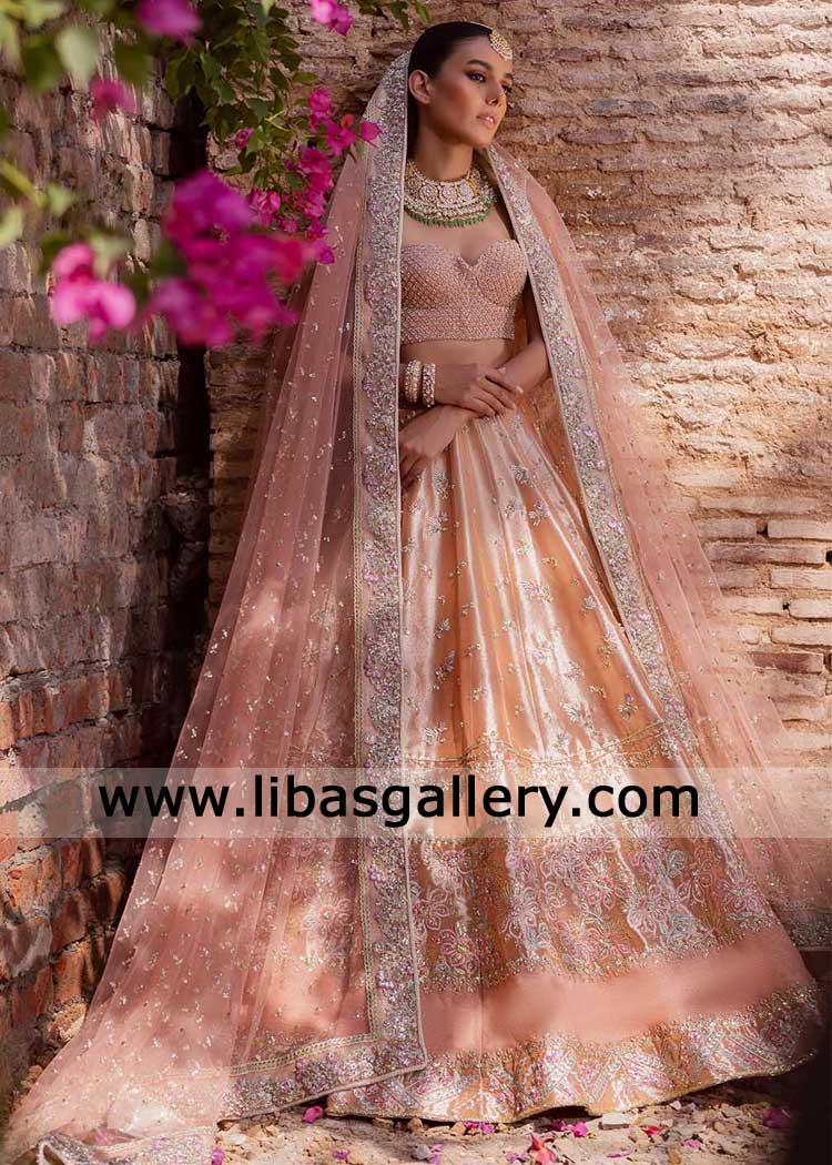Bridal lehenga embroidered with hand work detailing for wedding adorned with blouse and dupatta crystal kora work Jacksonville Dubai London