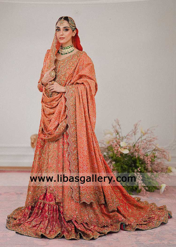 Coral Trailed Kalidaar with Berry Pink Farshi Lehenga | Luxury Pakistani Bridal Wear Coral Trailed Kalidaar with Berry Pink Farshi Lehenga | Luxury Pakistani Bridal Wear