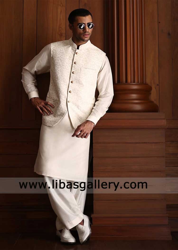 Waistcoat cream embroidered with off white kurta shalwar set paired with matching embroidered shoes Dubai Edinburgh Houston Ontario Perth