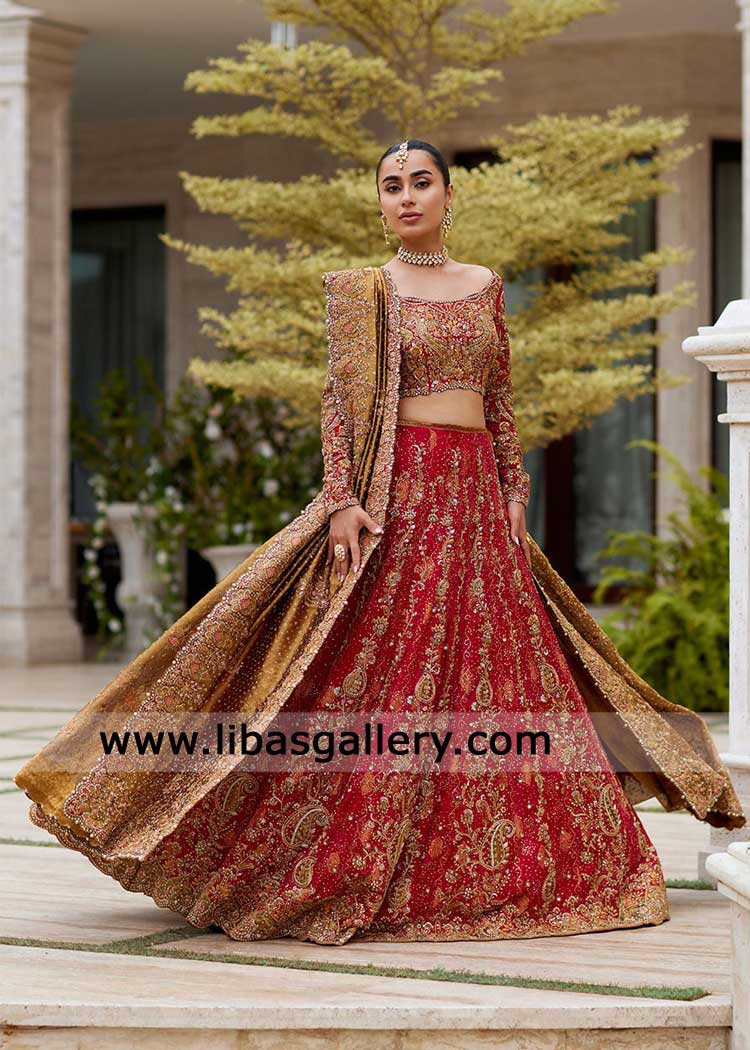 Stunning Crimson Red Bridal Lehenga Choli with Copper Hand Embellished Dupatta