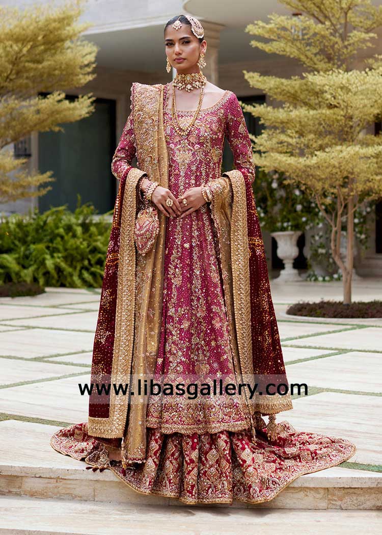 Pakistani Bridal Peshwas Kalidaar in Crimson red-Jamawar Farshi Lehenga with Golden dupatta