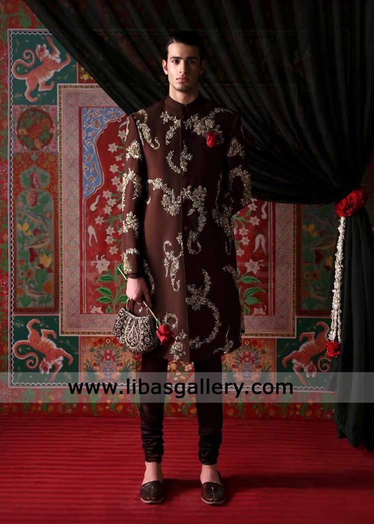 Dark brown hand embroidered groom raw silk sherwani for Nikah-latest Wedding Jacket for men special day Washington USA Dark brown hand embroidered groom raw silk sherwani for Nikah-latest Wedding Jacket for men special day Washington USA