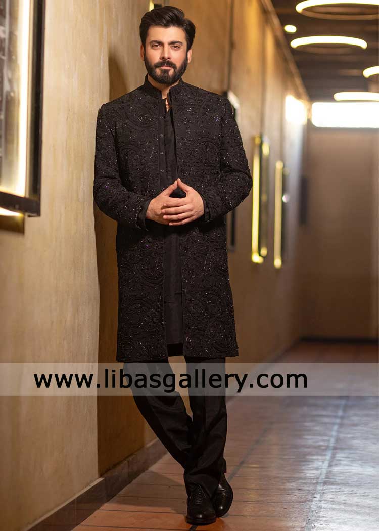 Deep Black Groom Embroidered Wedding Sherwani with beads work inner kurta trousers 