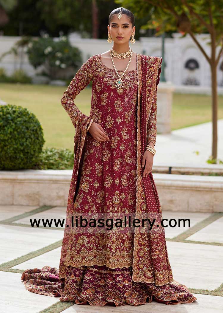 Deep red maroon bridal jamawar lehenga Kora Dabka work, shirt with heavy daman and bridal dupatta borders Jaal on Pallu London Perth New York