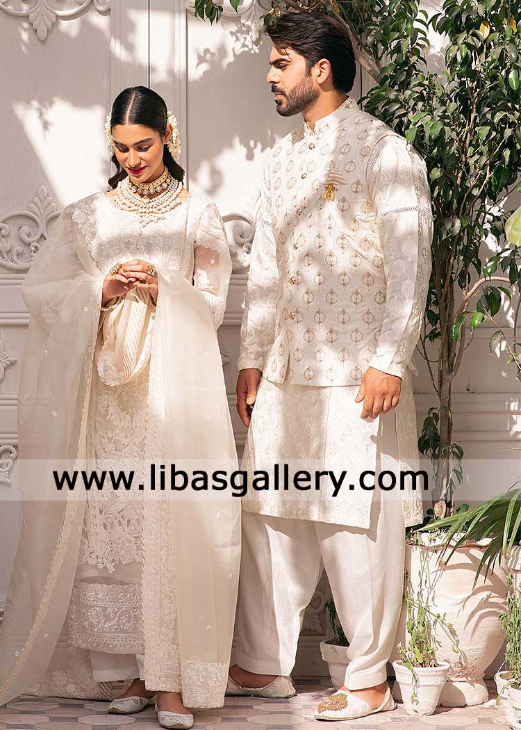 Dove white Embroidered Waistcoat regal charm for Occasion with white Kurta Shalwar Suit UK USA Canada Dubai Australia