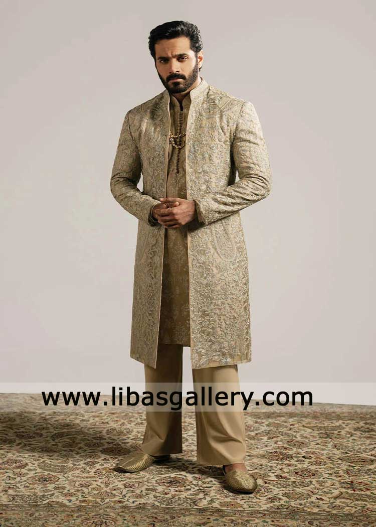 Dull Gold Open Style Sherwani for Groom intricate floral pattern with sequins and Tilla embellishment, embroidered kurta UK USA Canada Dubai Australia