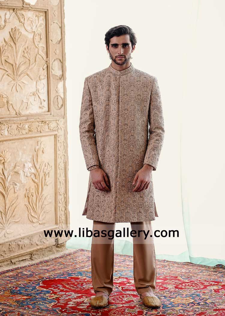 dull gold groom sherwani contemporary motif intricately embellished