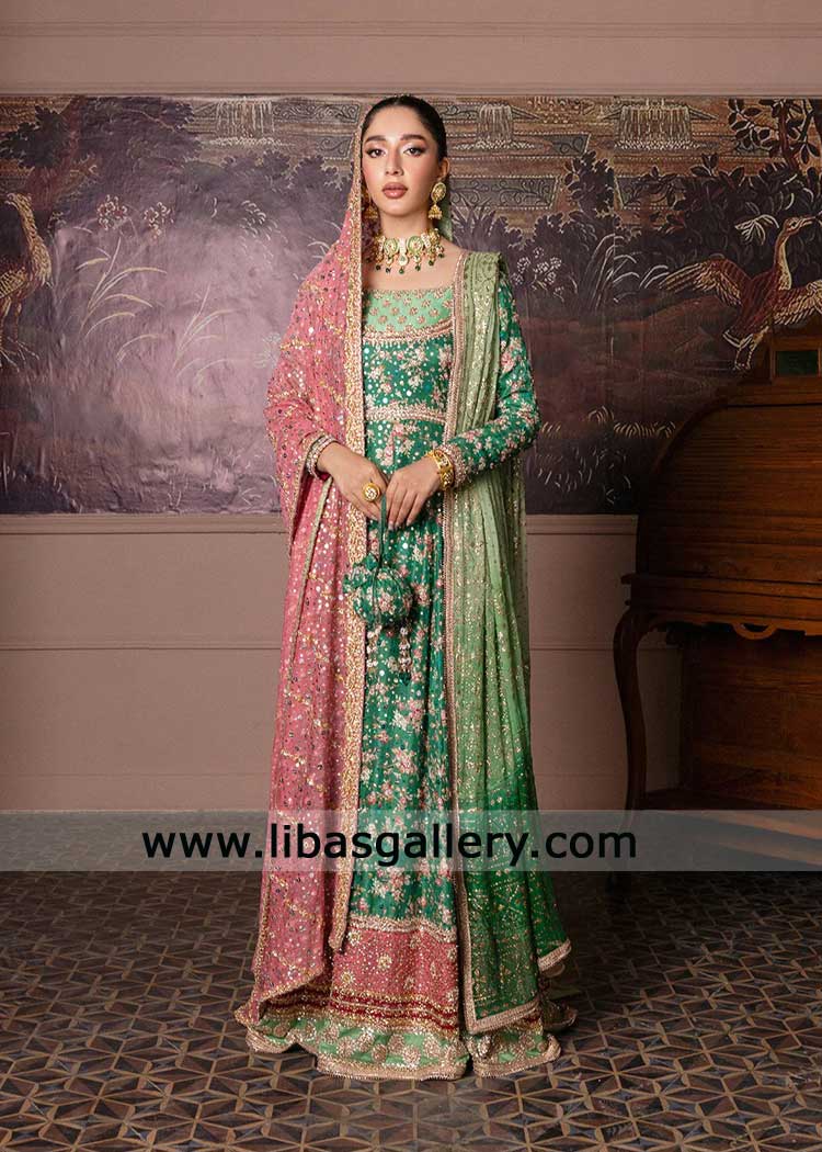 Emerald Green Bridal Gown with Intricate Hand Embellishment and Dupatta for Wedding Wear Emerald Green Bridal Gown with Intricate Hand Embellishment and Dupatta for Wedding Wear