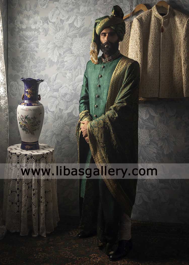 Emerald Green Self Texture Groom Sherwani with hand embellished collar and buttons compliment with turban Jamawar shawl UK USA Canada Dubai