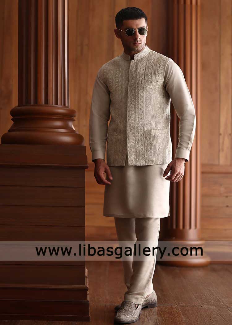 Waistcoat fawn gray for men with intricate heavy embroidery by thread paired with kurta trousers set Memphis Tucson Huntsville Preston USA