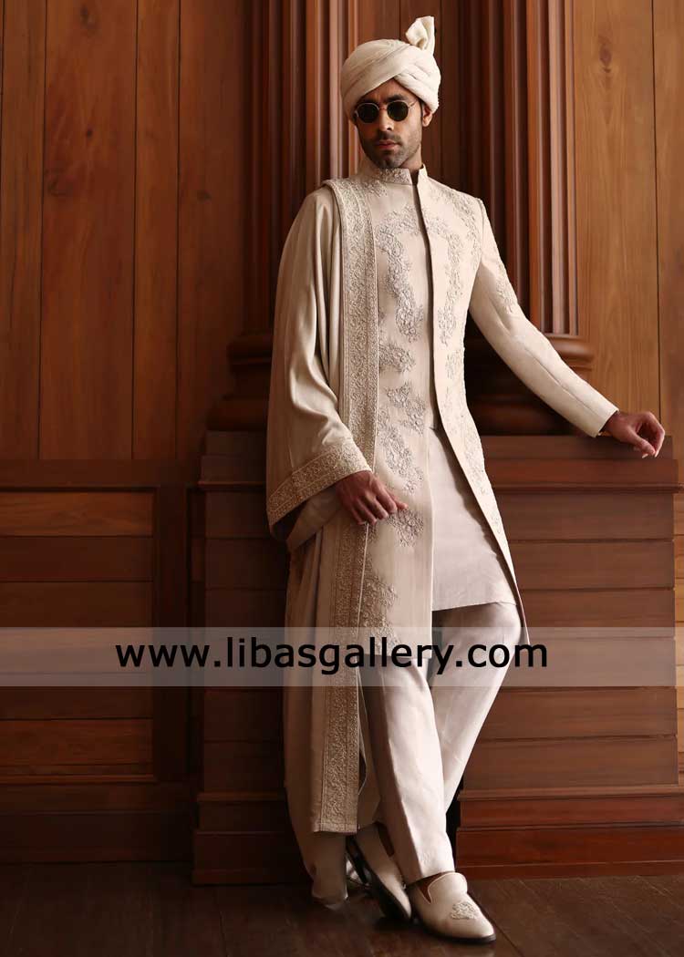 fawn Ivory majestic groom wedding sherwani style with premium exquisite hand embroidery by kora dabka beads Charlotte Columbus UAE USA
