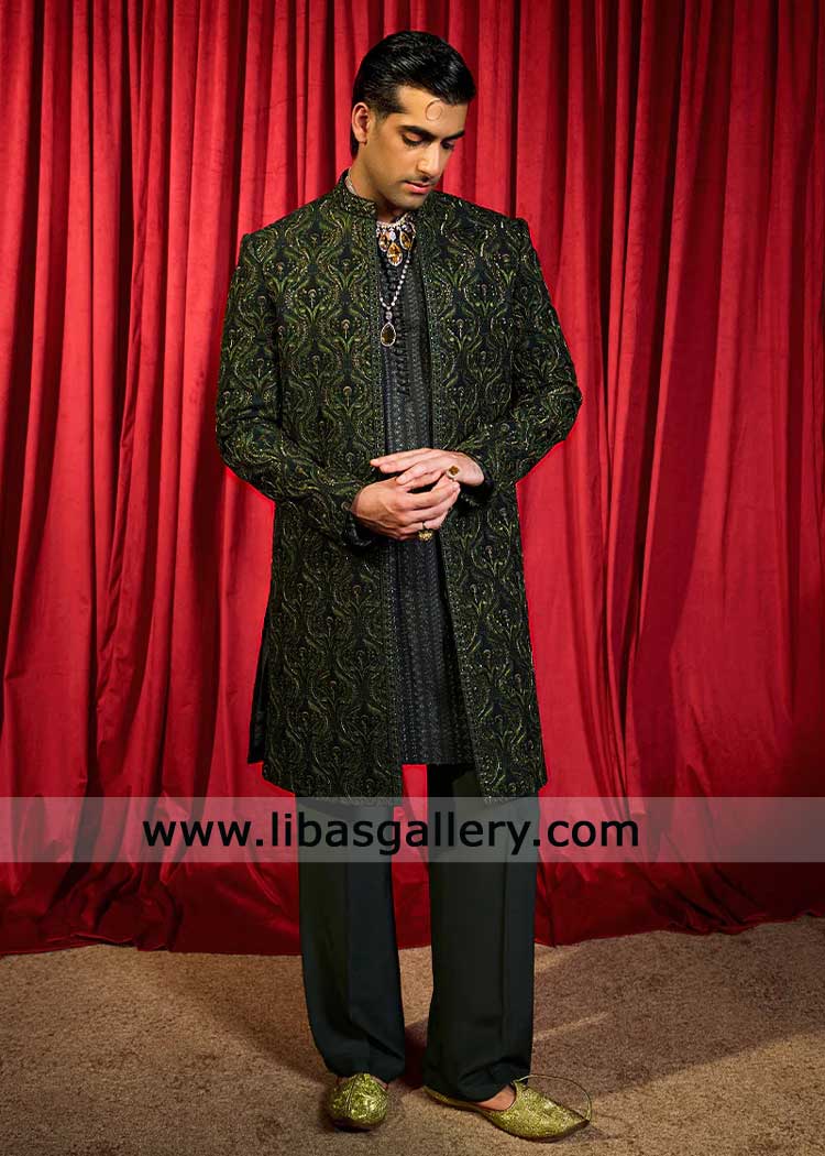 Forest Green Embroidered Jamawar Wedding Sherwani for Groom- Groom Sherwani USA Forest Green Embroidered Jamawar Wedding Sherwani for Groom- Groom Sherwani USA