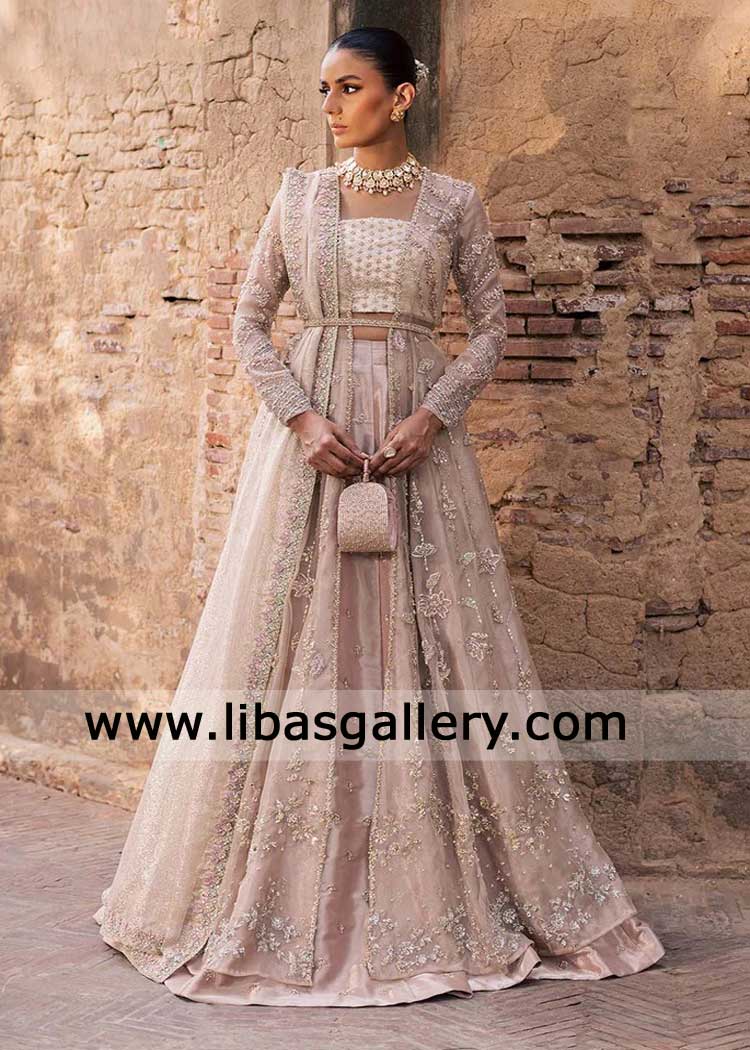 Front open Peshwas hand embellished with Lehenga, Floral and geometric hand embellishment pattern UK USA Canada Dubai Australia