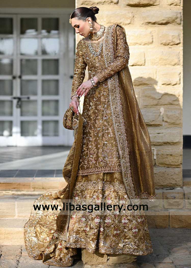 rich gold bridal lehenga dress with an all over jaal- Pakistani hand embroidered bridal