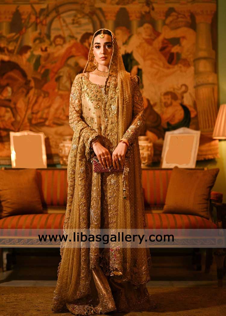 Gold Bridal Farshi Lehenga in Pure Tissue with Hand Embellishments | Nikah Bridal Wear in Gold with hand work Glasgow UK