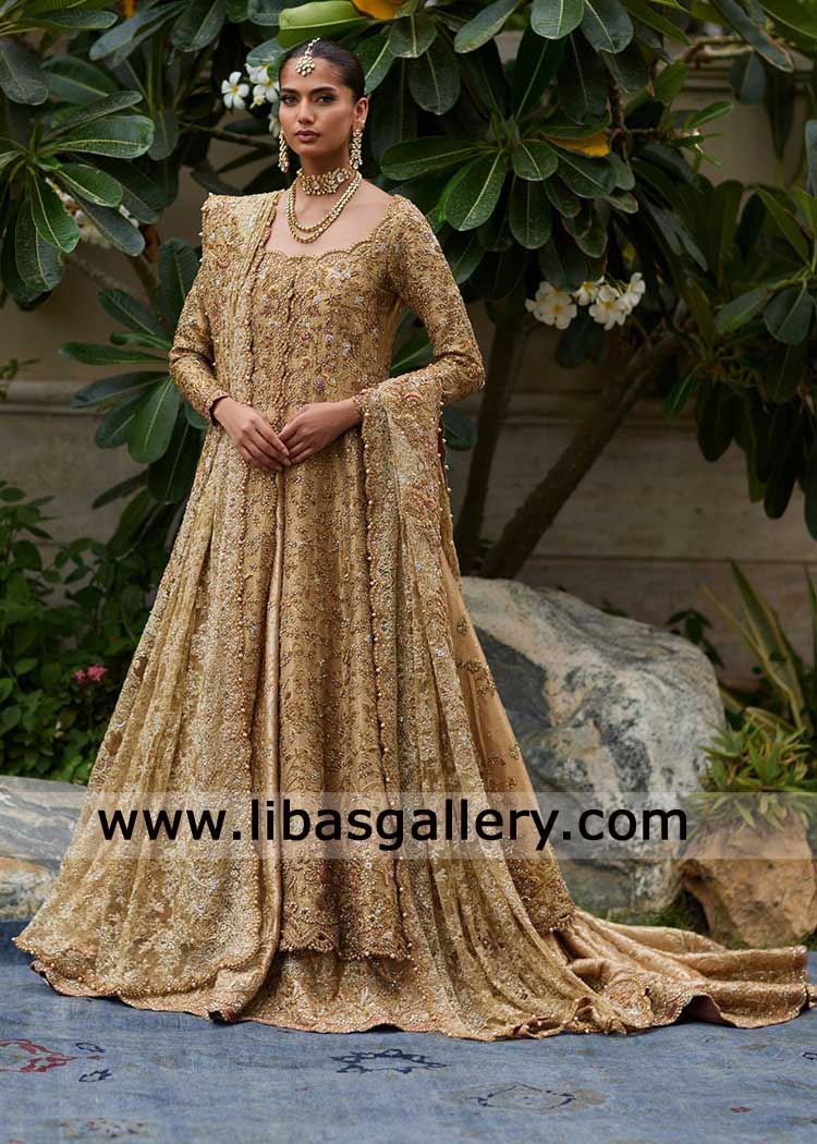 Gold Bridal Jamawar lehenga and Peshwas hand embellished and Lehenga with Trail London New York Montreal Dubai Sydney