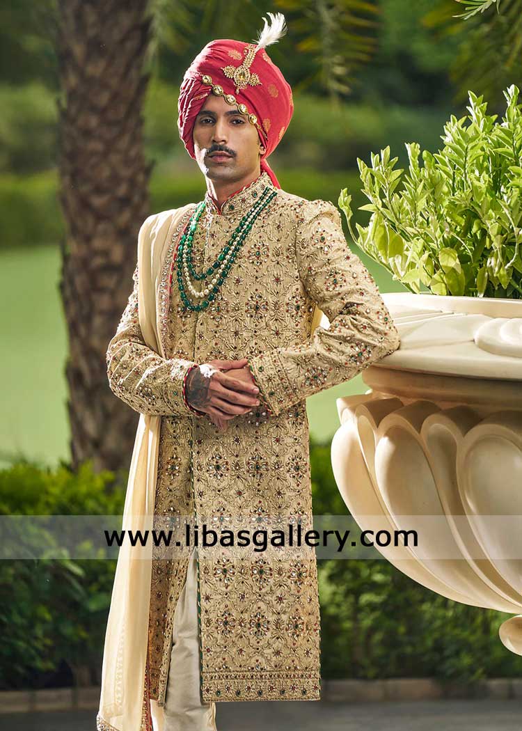 Majestic Gold Groom Sherwani for Nikah with hand embellishment-Traditional Wedding Sherwani with Turban and shawl Majestic Gold Groom Sherwani for Nikah with hand embellishment-Traditional Wedding Sherwani with Turban and shawl