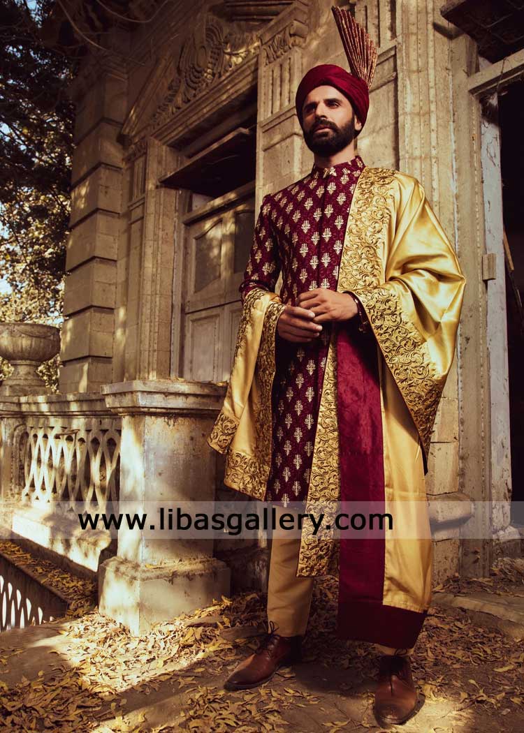 Royal Gold Embroidered Wedding Shawl for Groom Sherwani- Luxury Shoulder Drapes UK USA