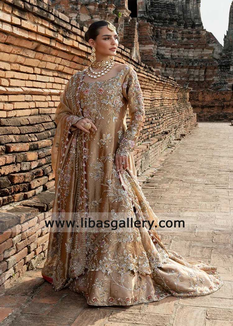 Pakistani Gold bridal New York USA with Farshi Gharara and Dupatta Pakistani Gold bridal New York USA with Farshi Gharara and Dupatta