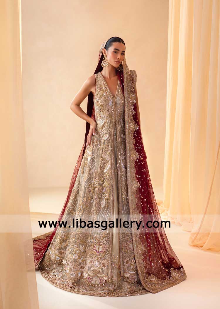 Gold Hand-Embellished Bridal Gown with lehenga-Gold Luxury Peshwas with Maroon Bridal Dupatta