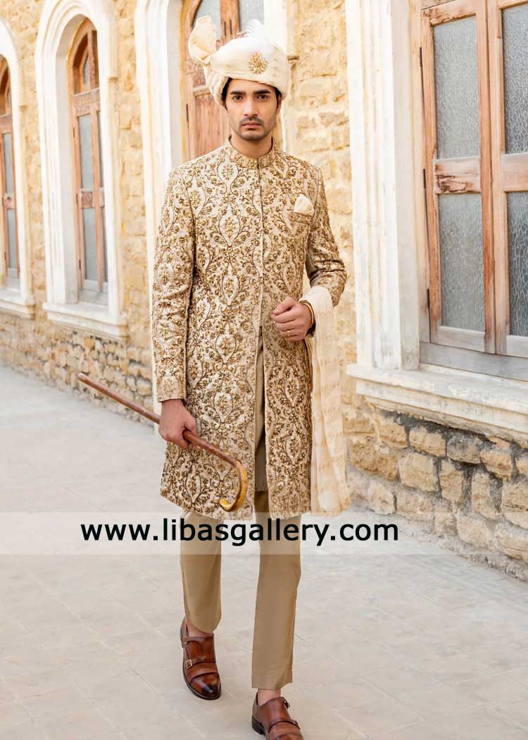 Luxury Gold wedding Sherwani for Groom USA – Buy Nikah Sherwani with Turban and inner UK Luxury Gold wedding Sherwani for Groom USA – Buy Nikah Sherwani with Turban and inner UK