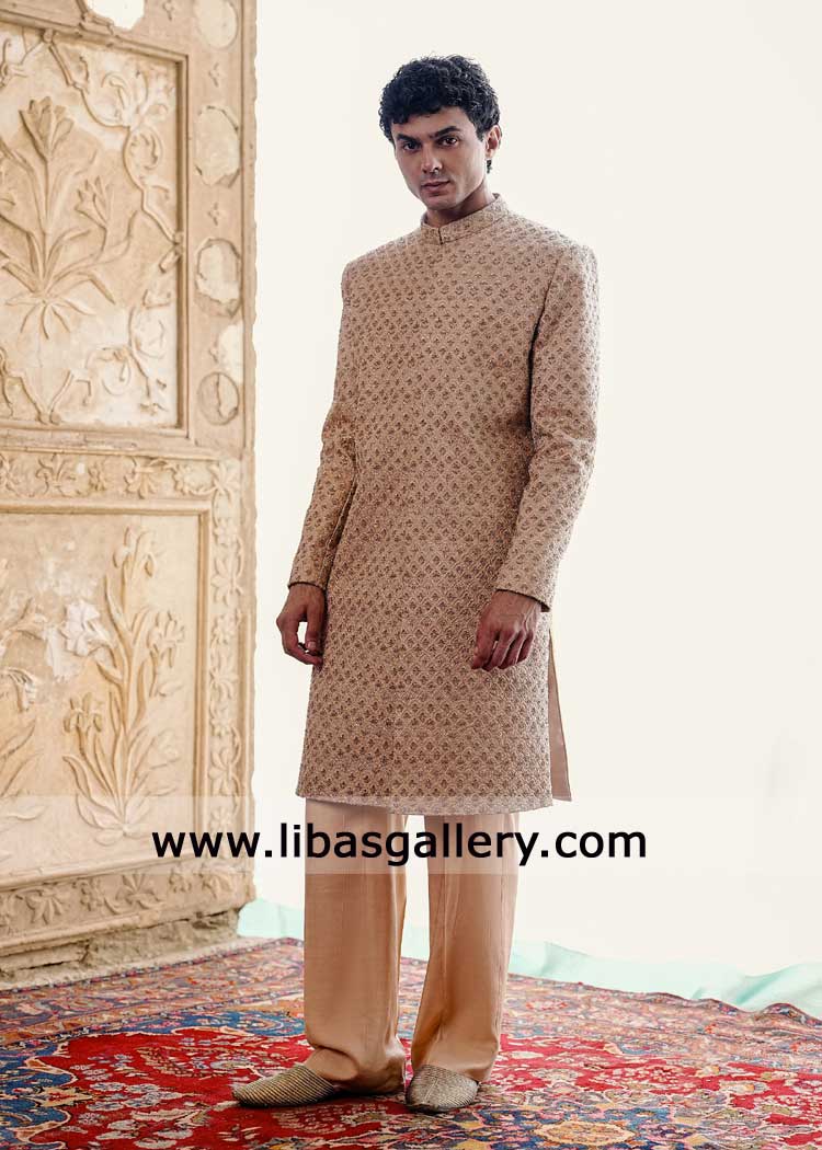 luxurious gold sherwani intricate hand-done embellishments for nikah