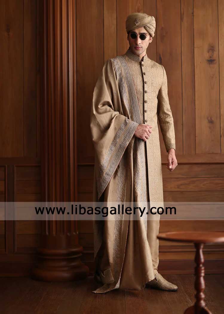 Gold Antique majestic Groom sherwani intricate hand embellishment and matching embroidered shawl Washington Phoenix Sugarland