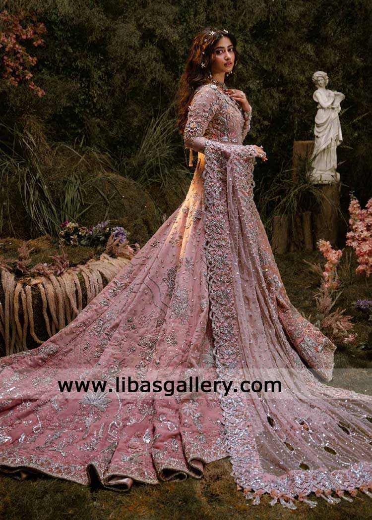 Gradient pink embellished luxury bridal gown with Persian inspired tail-Bridal Peshwas 3D Floral hand crafted in Pink New York USA