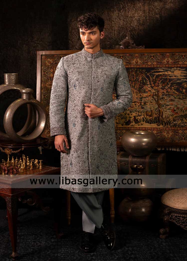 Groom wedding sherwani in Gray with hand embellishment | Gray Sherwani for Nikah with inner | Pakistani Gray Intricate embroidered sherwani Groom wedding sherwani in Gray with hand embellishment | Gray Sherwani for Nikah with inner | Pakistani Gray Intricate embroidered sherwani