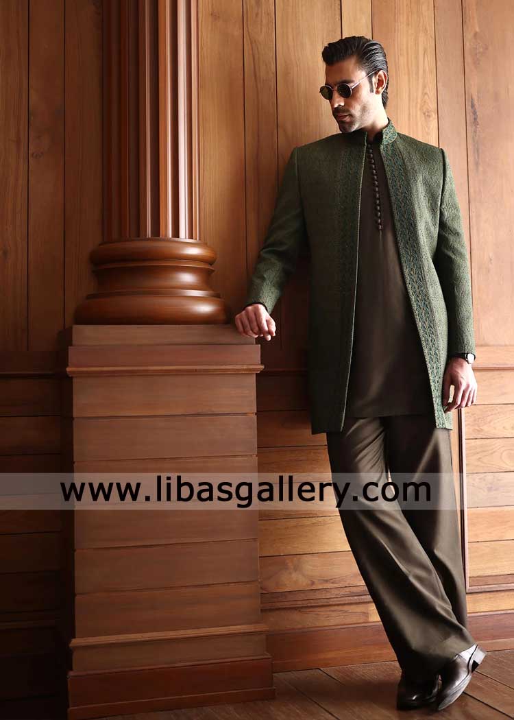 dark Green prince coat open style in raw silk with hand embellishment in buy online in UK USA Canada Dubai Australia