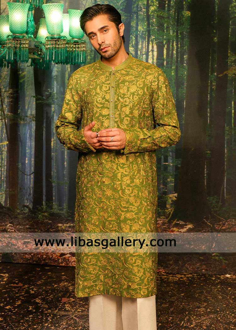 Smart Style Groom Green Embroidered kurta suit Dubai UAE | Kurta Styles