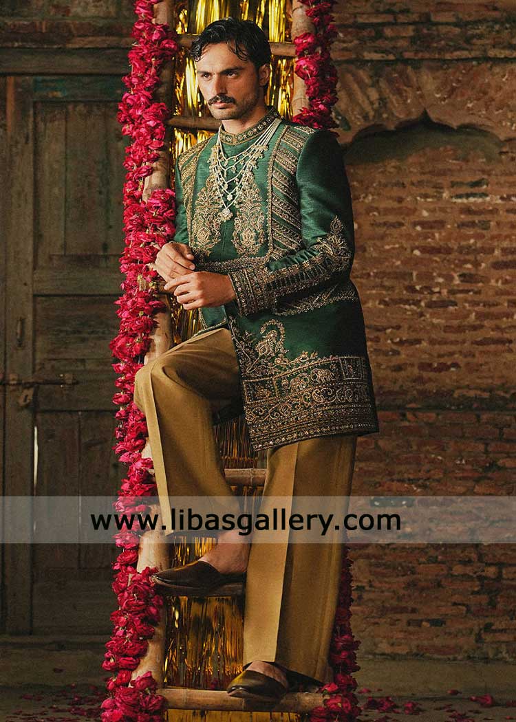 Green raw silk sherwani jodhpuri style embroidered | Pakistani sherwani Green raw silk sherwani jodhpuri style embroidered | Pakistani sherwani