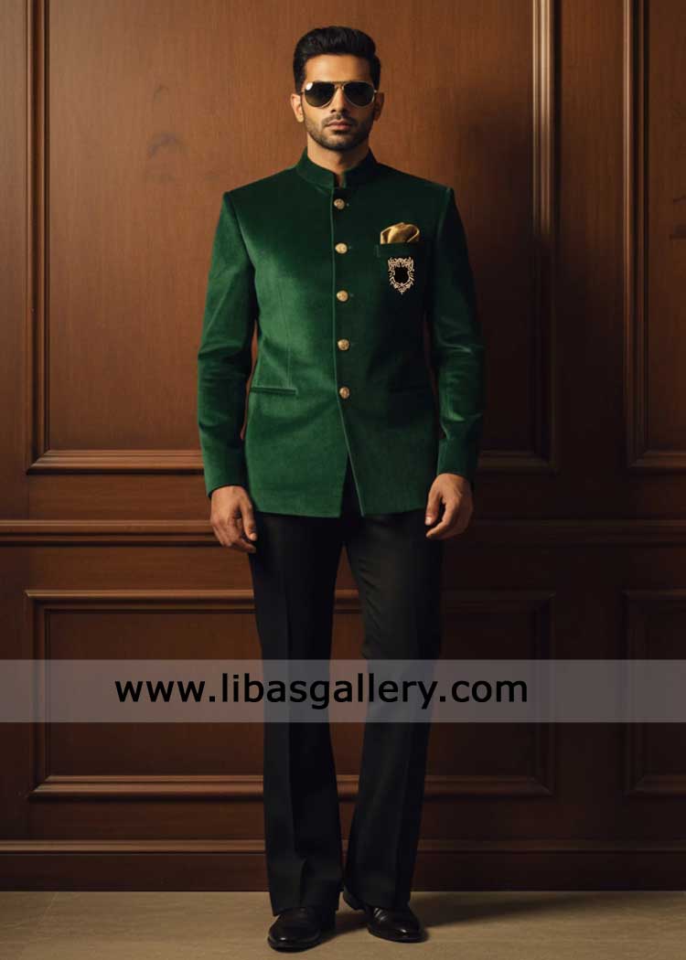 Velvet prince coat green in self for formal events with pants Colorado USA