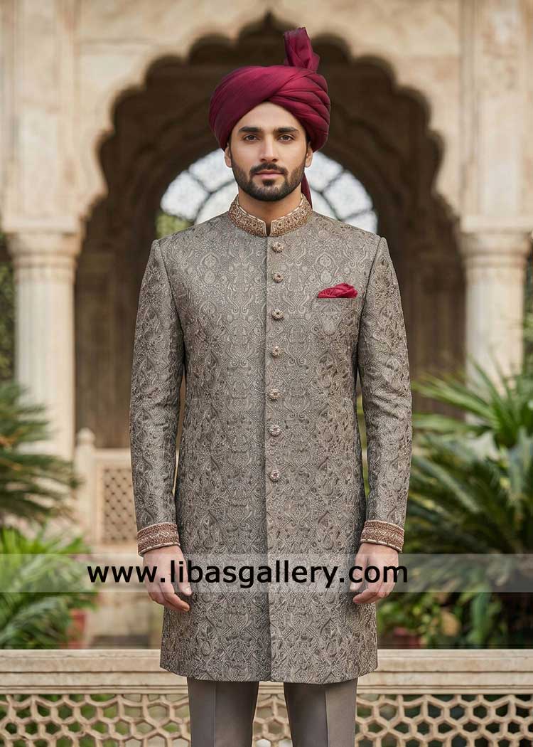 Buy Regal Grey Hand-Embroidered Groom Wedding Sherwani Set- Men Nikah wear with Turban and inner London Glasgow Buy Regal Grey Hand-Embroidered Groom Wedding Sherwani Set- Men Nikah wear with Turban and inner London Glasgow