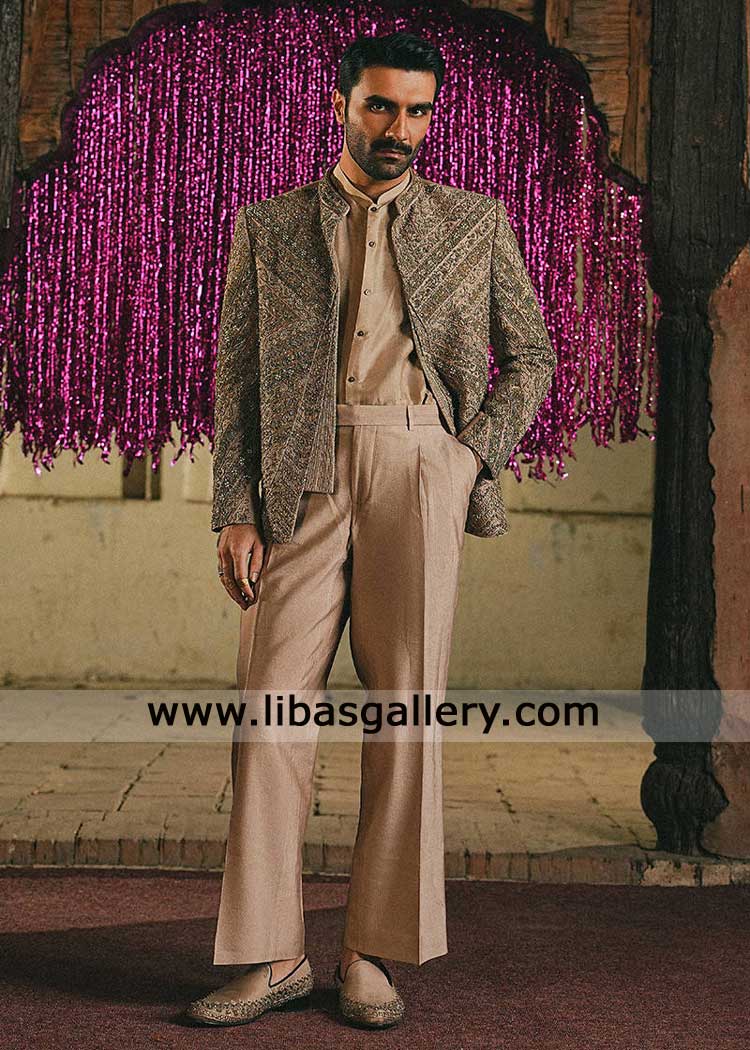 buy groom taupe luxury embroidered nikah wedding jacket open style- Groom indo western sherwani UK USA buy groom taupe luxury embroidered nikah wedding jacket open style- Groom indo western sherwani UK USA