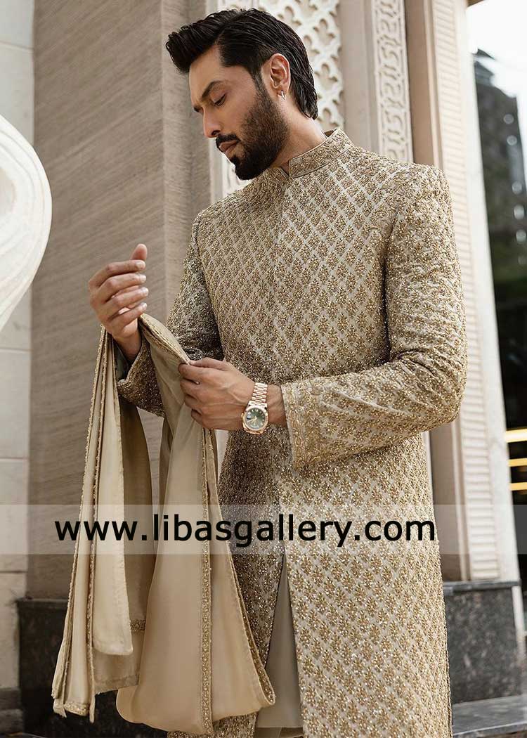 Gold embroidered shawl for groom nikah sherwani finished from back 3 yards length and borders full embroidered UK USA Canada Dubai Australia