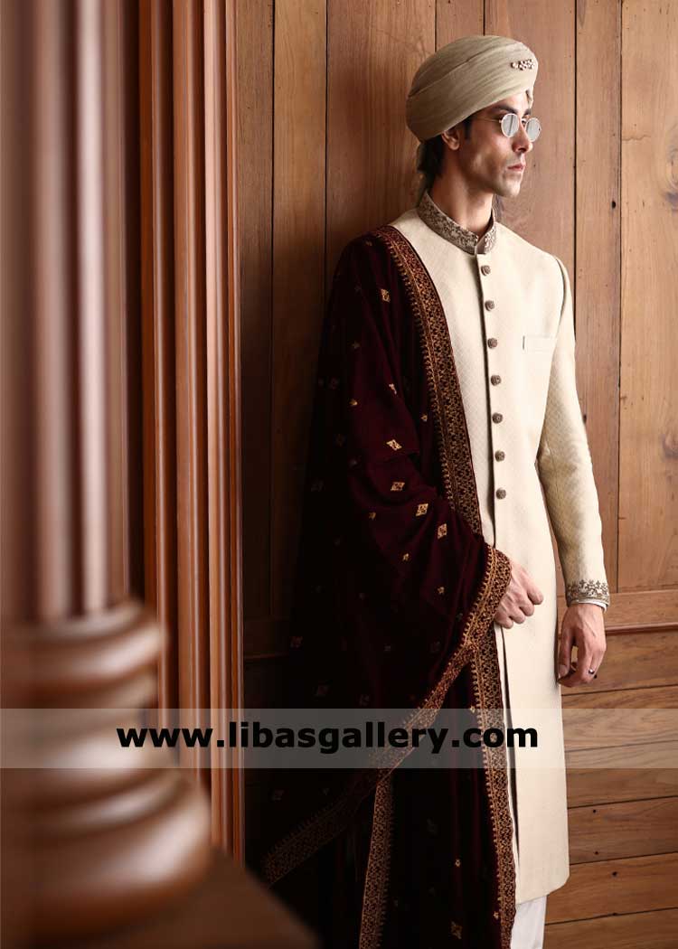 Maroon Wedding Shawl with Antique gold heavy embroidery on borders and small motifs in middle 