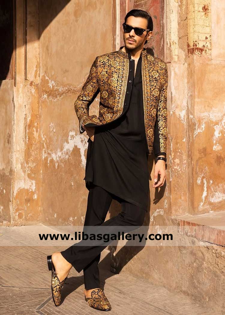 Prince Coat Mirror work in Black, premium fabrics prince jacket with block print, Wedding prince coat Nikah Huddersfield Telford Dundee UK