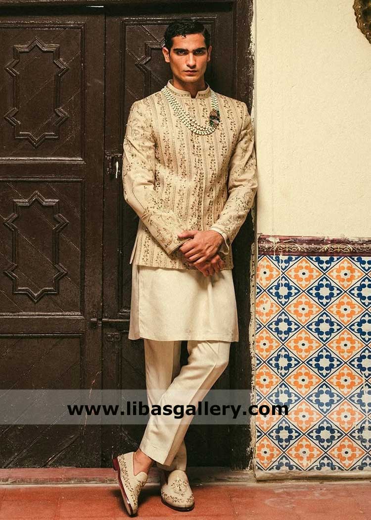 Groom Wedding prince coat in Sand shade with gold embellishment, Nikah prince coat for men, Latest prince coat