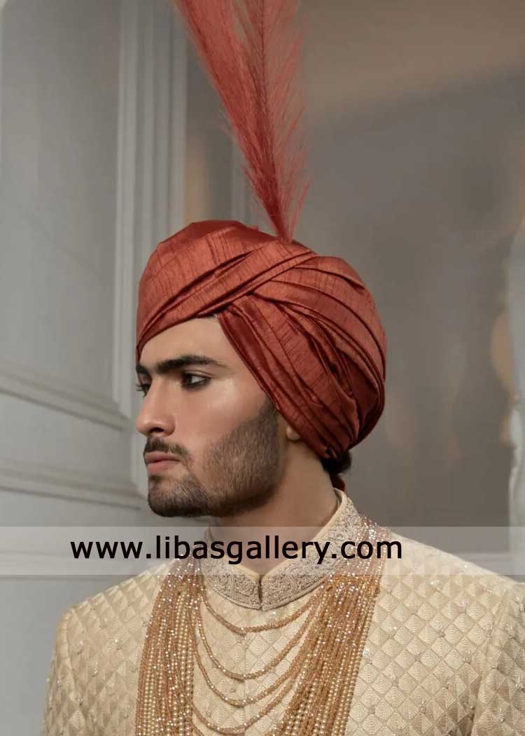 groom regal wedding turban for nikah sherwani crafted from premium fabric with normal tail London Perth Dubai Washington Mississauga