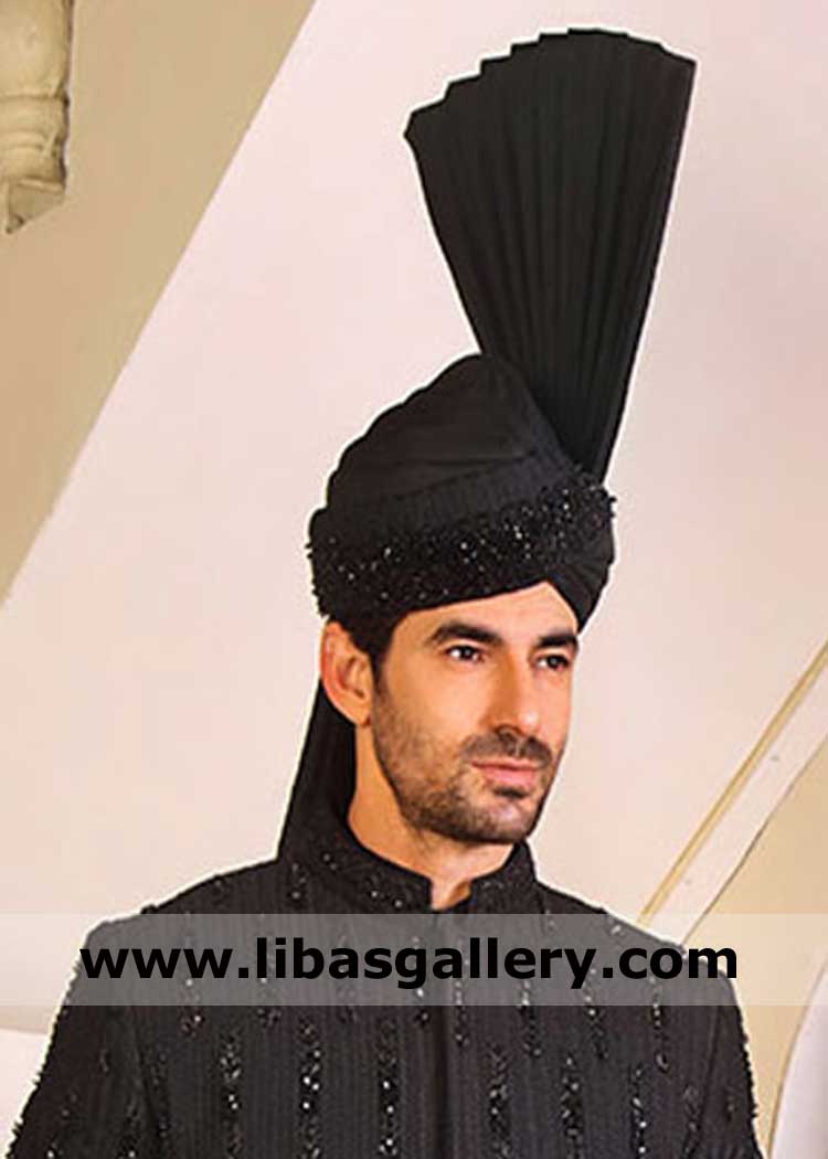 Black tower based groom nikah barat turban with hand embellishment beads stones fancy type kulla for men Sugarland Texas Chicago USA