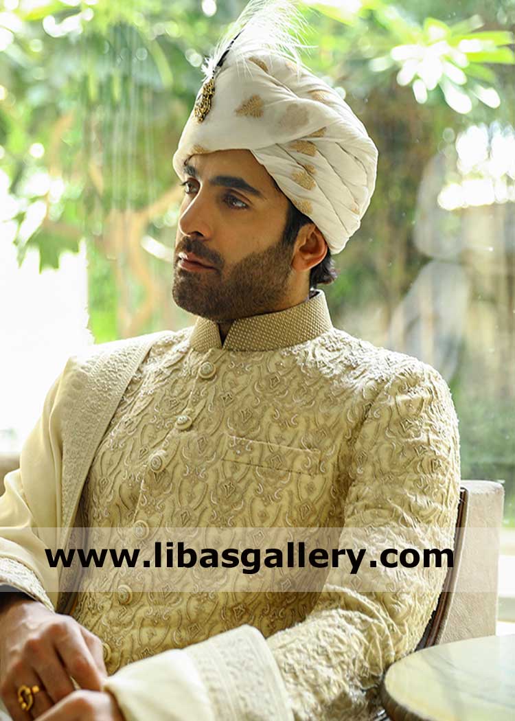 Sheheryar Munawar spotted in Designer wedding nikah pretied turban in jamawar with tail fast making and postage uk usa canada dubai australia