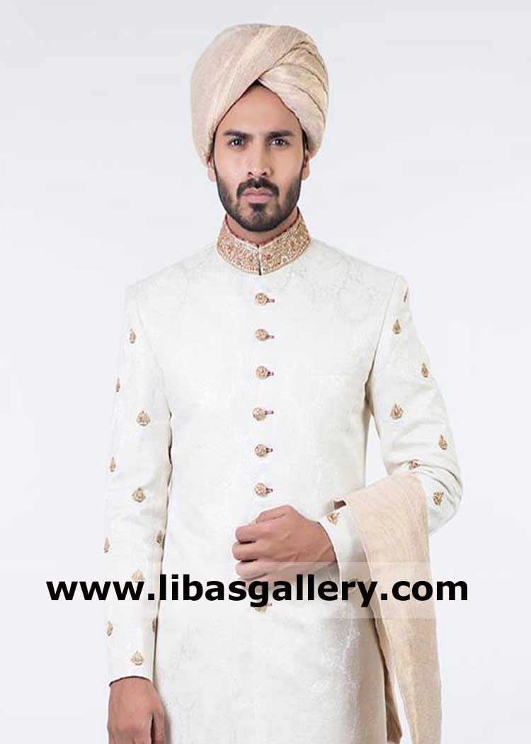 Light gold jamawar pretied groom wedding turban wear on off white gold and any light shade sherwani on nikah barat day hong kong ireland italy france