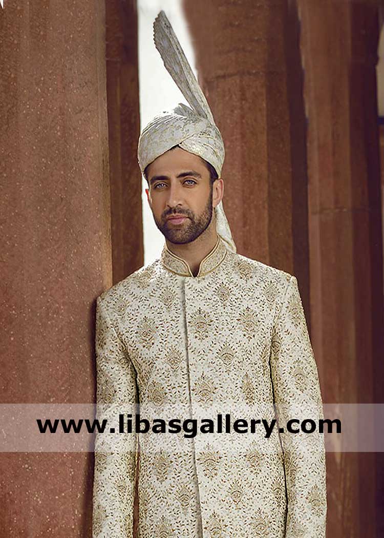 jamawar tower fan off white Kulla for groom wedding day book order prior to nikah barat day for on time fast delivery worldwide uk usa canada