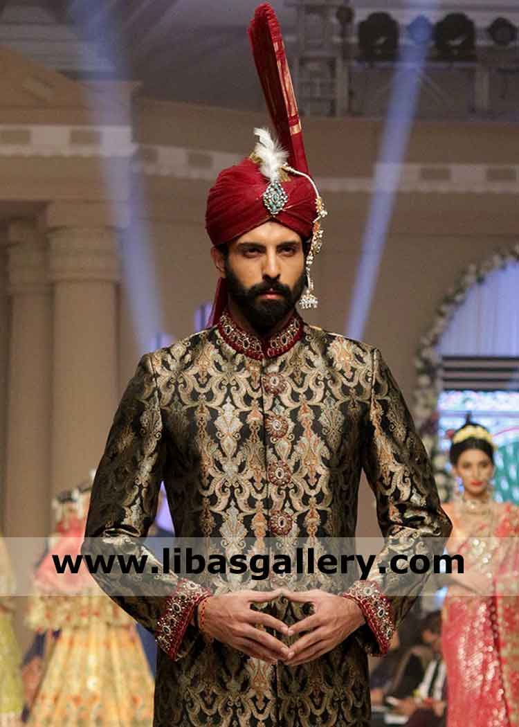 Red Pretied Men Turban with Tail for Happy Wedding Moments paired with jewelry pc brooch hand crafted pagri fast delivery Saudi Arabia Qatar Dubai