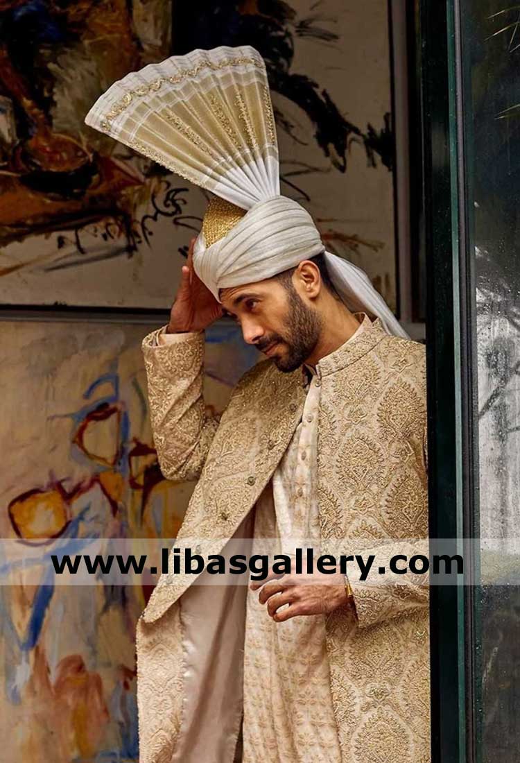Off white Groom Punjabi Kulla Shahzad Noor Wearing in Wedding Nikah day with Tower Chinese Fan Bespoke Turban Store Online UK USA Canada